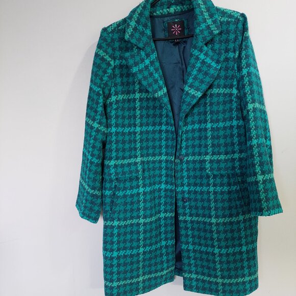 Isaac Mizrahi Navy and Green Plaid Trench Coat With Lined Removable Hood Sz 16 - Picture 2 of 11